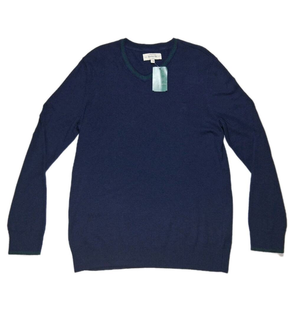 Hawker Rye Mens Cotton Cashmere VNeck Sweater Navy Green Trim M NWT Preppy